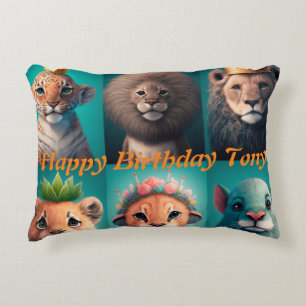 Cute wild animals wearing crowns blue  round pillo accent pillow