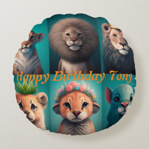 Cute wild animals wearing crowns blue  round pillow
