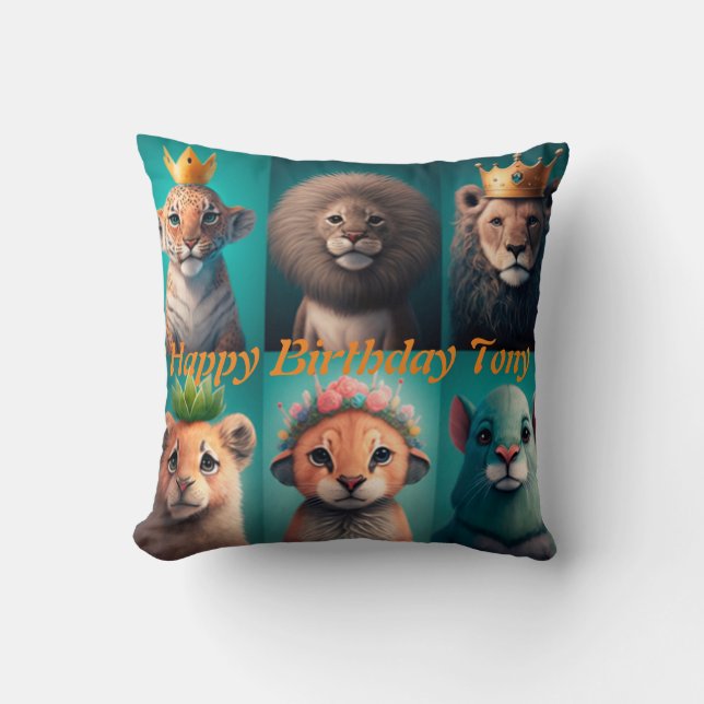 Cute wild animals wearing crowns blue throw pillow (Front)