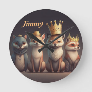 Cute wild animals wearing crowns  round clock