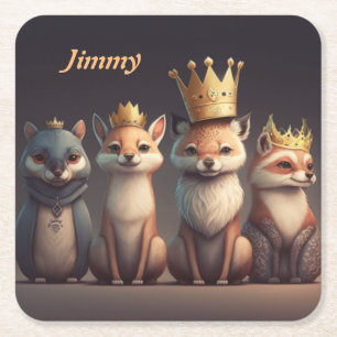 Cute wild animals wearing crowns  square paper coaster