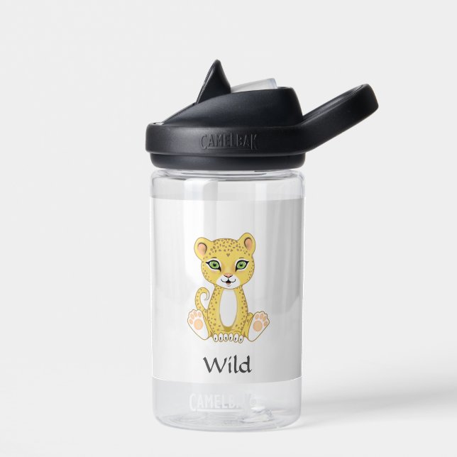Cute Wild Baby Leopard on White Water Bottle (Left)