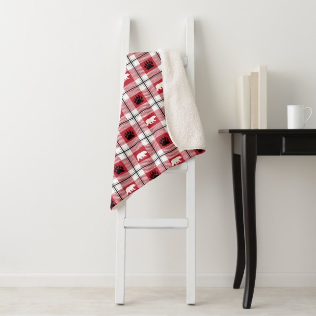 Cute Wild Bear and Paw Red White & Black Plaid Sherpa Blanket (In Situ)