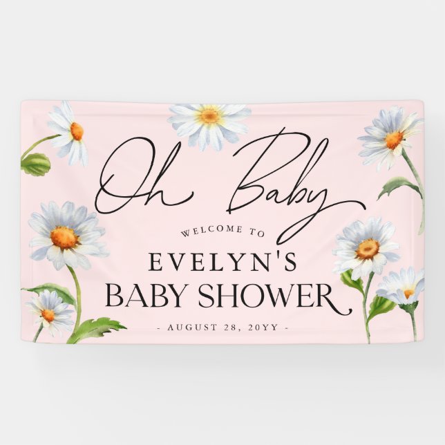 Cute Wild Daisy Pink Baby Shower Banner (Horizontal)
