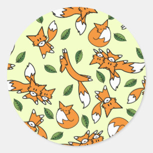 Cute Wild Fox and Leaf Pattern Classic Round Sticker
