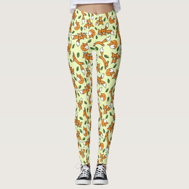 Cute Wild Fox and Leaf Pattern Leggings (Front)