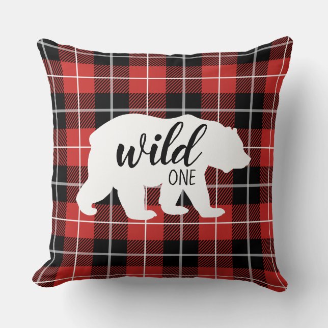 Cute Wild One Bear Flannel Plaid Pattern Throw Pillow (Front)