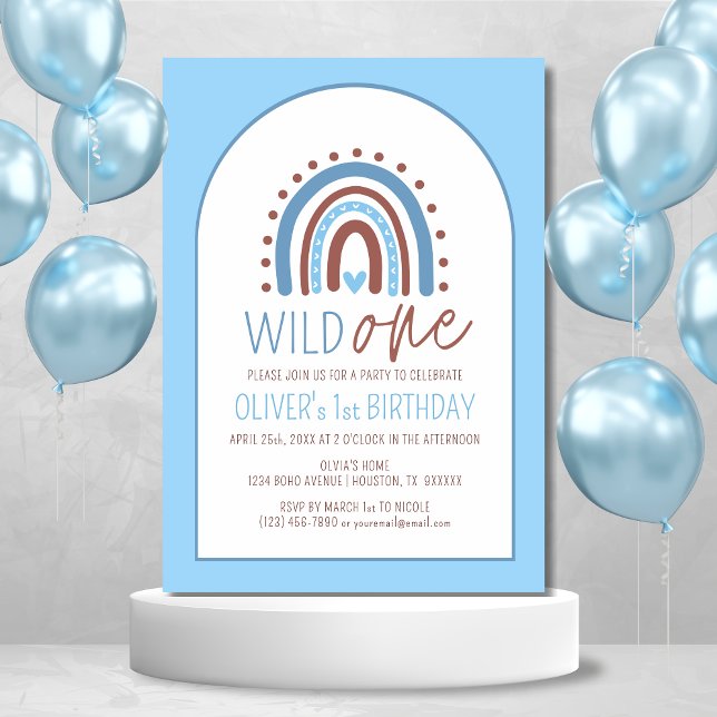 Cute Wild ONE Boho Rainbow Blue Boy Birthday 1st Invitation (Creator Uploaded)