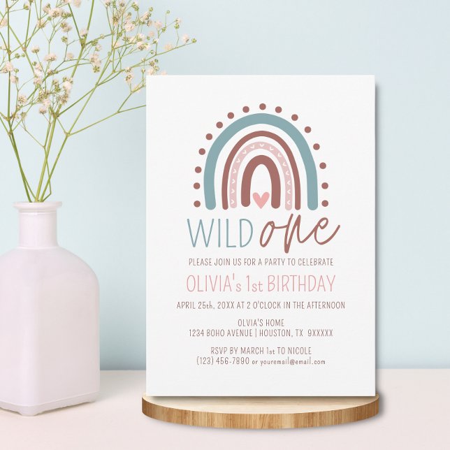 Cute Wild ONE Boho Rainbow Pink Girl Birthday 1st  Invitation (Creator Uploaded)