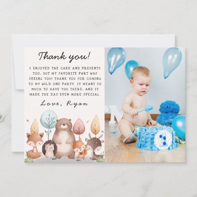 Cute Wild One Forest Woodland Animals Photo Thank You Card (Front)