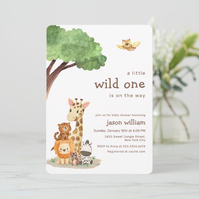 Cute Wild One Jungle Safari Animals Baby Shower Invitation (Standing Front)