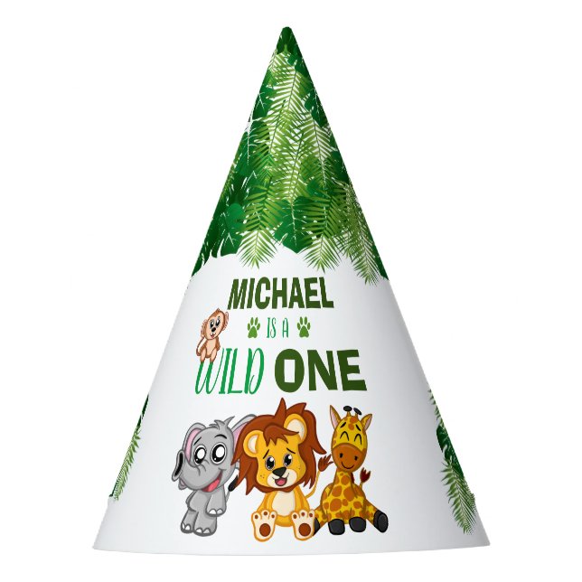 Cute Wild One Jungle Safari Animals First Birthday Party Hat (Front)