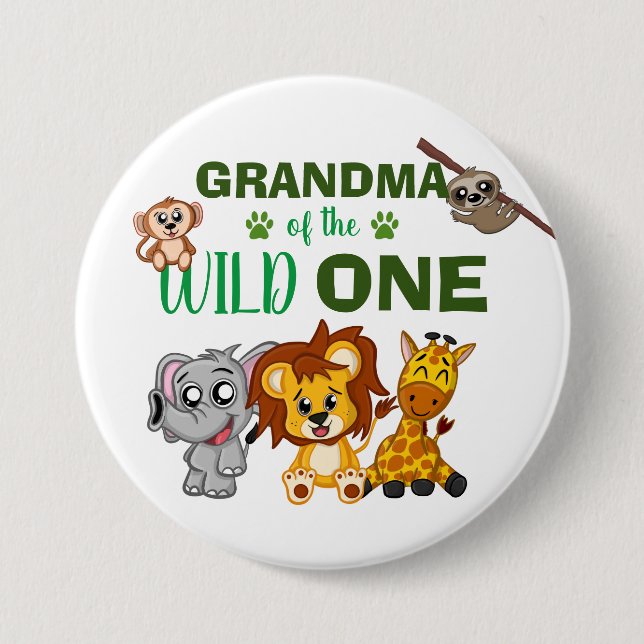 Cute Wild One Jungle Safari Zoo Animal Grandma 3 Inch Round Button (Front)