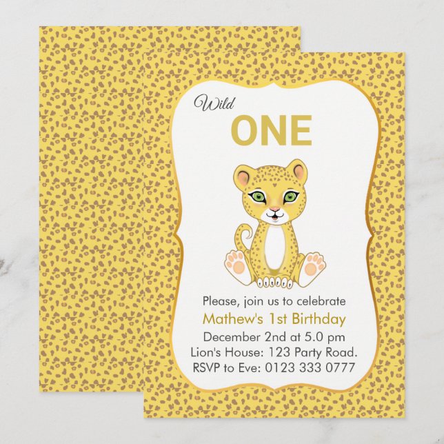 Cute Wild One Leopard 1st Birthday Invitation (Front/Back)
