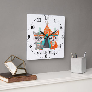 Cute wild one raccoon fox room decor square wall clock