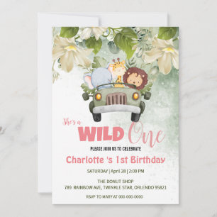 Cute Wild One Safari Animal car 1st Birthday flora Invitation