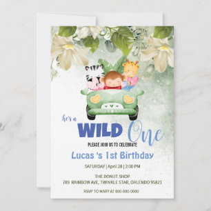 Cute Wild One Safari Animal love Car 1st Birthday  Invitation