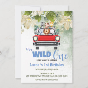 Cute Wild One Safari Animal love Car 1st Birthday  Invitation