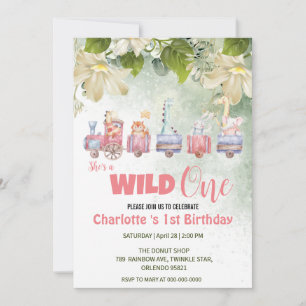 Cute Wild One safari animal train 1st Birthday Invitation