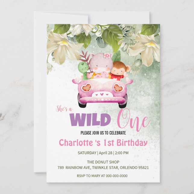 Cute Wild One Safari Animals Car 1st Birthday flor Invitation (Front)