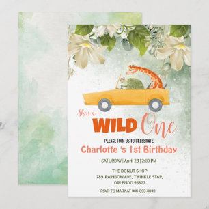 Cute Wild One Safari Animals Car 1st Birthday Invitation