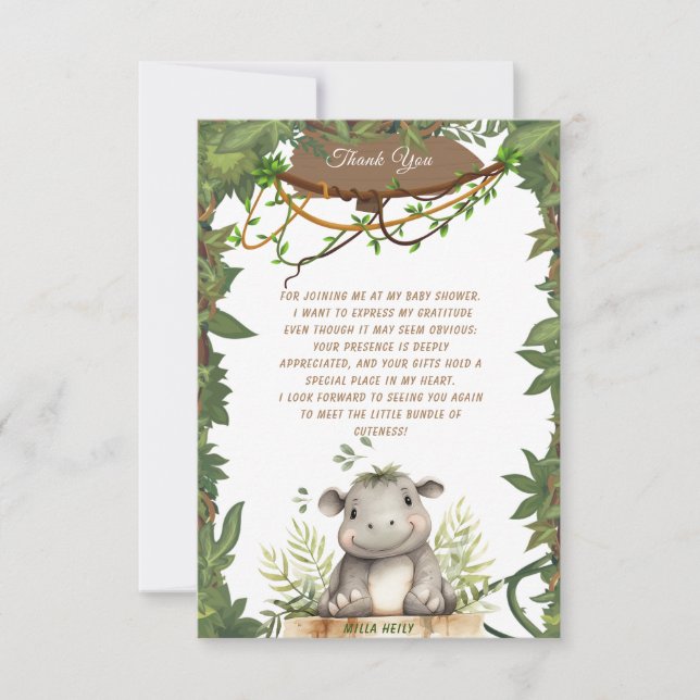 Cute Wild One Safari Baby Hippopotamus Baby Shower Thank You Card (Front)