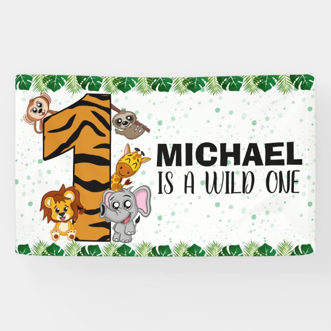 Cute Wild One Safari Jungle Animals 1st Birthday Banner (Horizontal)