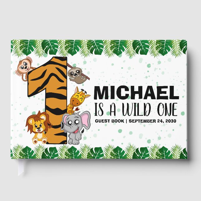 Cute Wild One Safari Jungle Animals 1st Birthday Guest Book (Front)