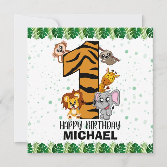 Cute Wild One Safari Jungle Animals First Birthday (Front)