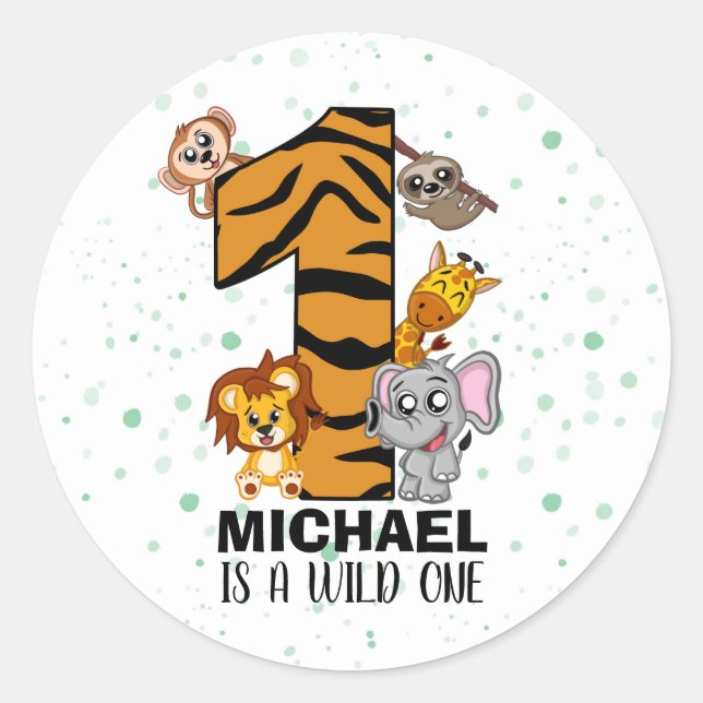 Cute Wild One Safari Jungle Animals First Birthday Classic Round Sticker (Front)