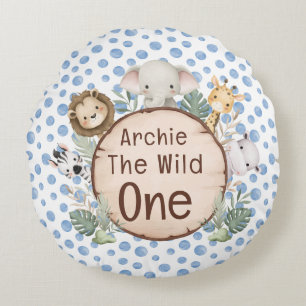 Cute Wild One Woodland Forest Animals Blue Round Pillow