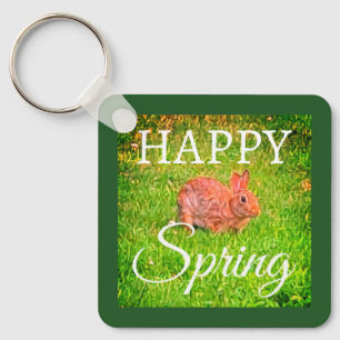 Cute Wild Rabbit Photo Dark Green Happy Spring Keychain