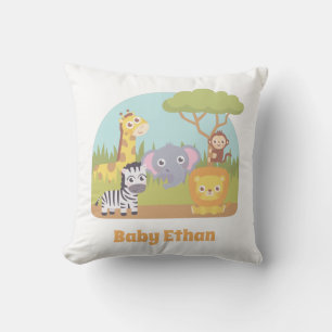 Cute Wild Safari Animals Baby Name Nursery Decor Throw Pillow