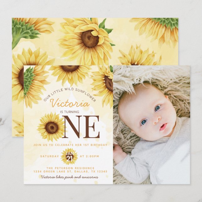 Cute Wild Sunflower turning ONE 1st Birthday Party Invitation (Front/Back)