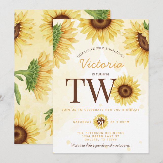 Cute Wild Sunflower turning TWO 2nd Birthday Party Invitation (Front/Back)