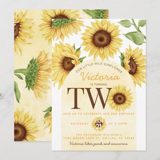 Cute Wild Sunflower turning TWO 2nd Birthday Party Invitation (Front/Back)
