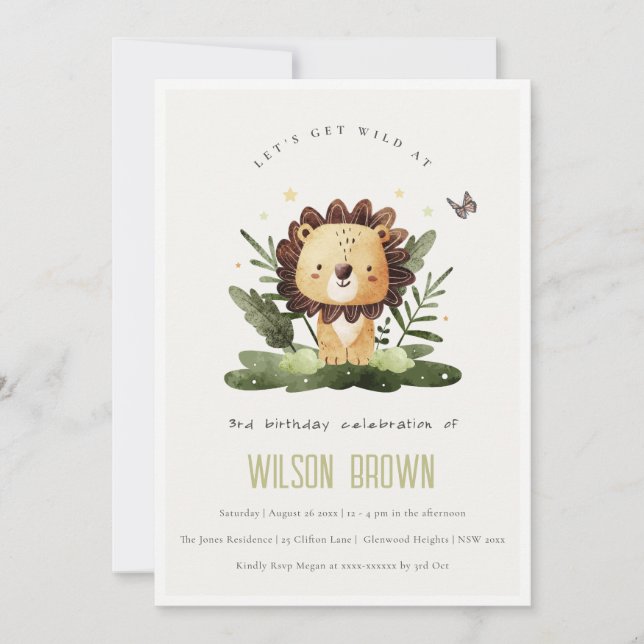 Cute Wild Tropical Jungle Animal Lion Birthday Invitation (Front)