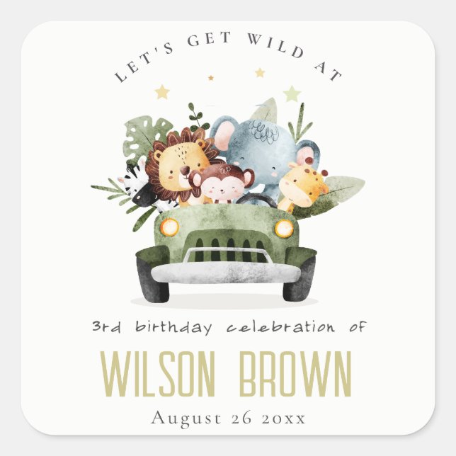 Cute Wild Tropical Jungle Animals in Car Birthday Square Sticker (Front)
