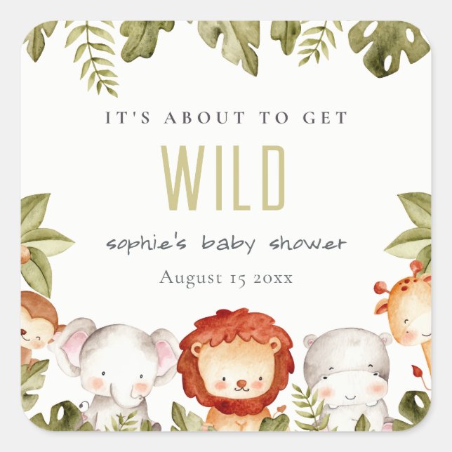 Cute Wild Tropical Safari Animals Baby Shower Square Sticker (Front)
