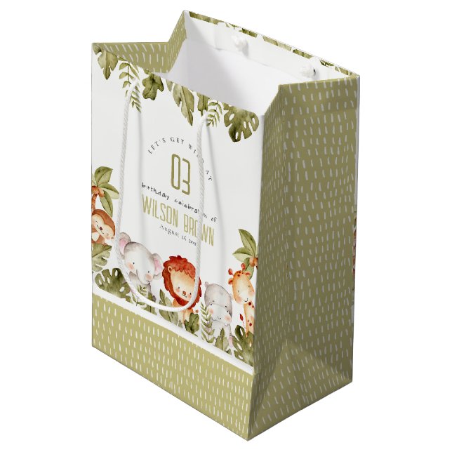 Cute Wild Tropical Safari Animals Kids Birthday Medium Gift Bag (Front Angled)