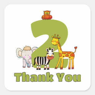 Cute Wild Two Animals 2nd Birthday Thank You Square Sticker