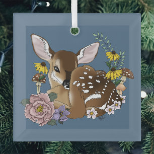 Cute Wildflowers Fawn Blue Baby Deer Woodland Glass Ornament