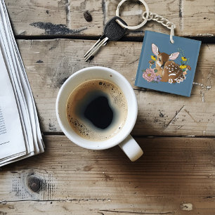Cute Wildflowers Fawn Blue Baby Deer Woodland Keychain