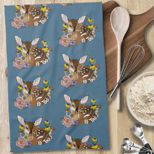 Cute Wildflowers Fawn Blue Baby Deer Woodland Kitchen Towel