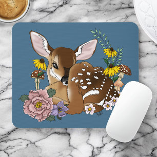Cute Wildflowers Fawn Blue Baby Deer Woodland Mouse Pad