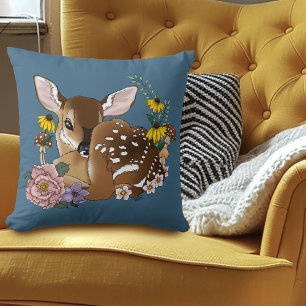Cute Wildflowers Fawn Blue Baby Deer Woodland Throw Pillow