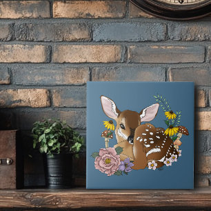 Cute Wildflowers Fawn Blue Baby Deer Woodland Tile