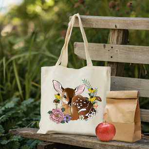 Cute Wildflowers Fawn Blue Baby Deer Woodland Tote Bag