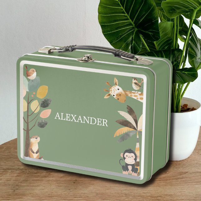Cute Wildlife Animals Metal Lunch Box (cute animals giraffe safari green lunch box, customizable with name, back to school essentials)