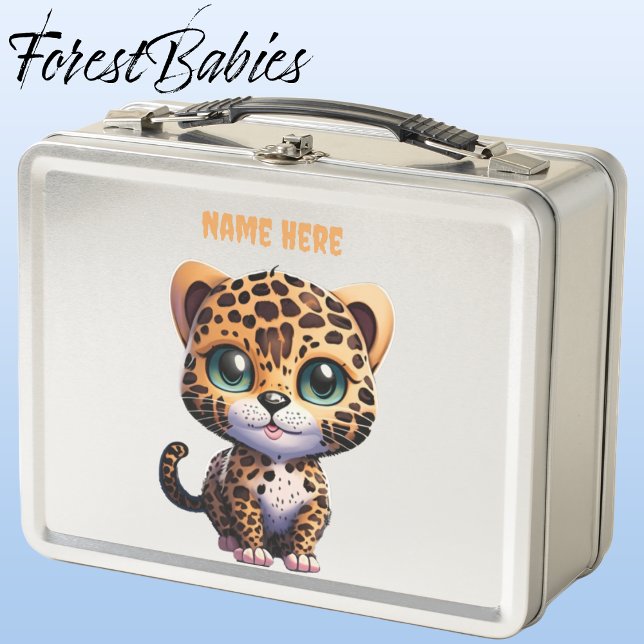 Cute Wildlife Leopard kitty cat cartoon graphic Metal Lunch Box (Leopard, Silver ForestBabies Lunch Box)
